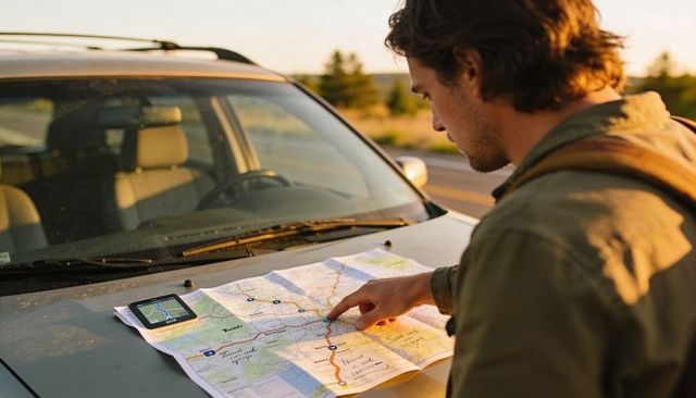 Road trip navigation traveler pointing at map on suv hood during golden hour