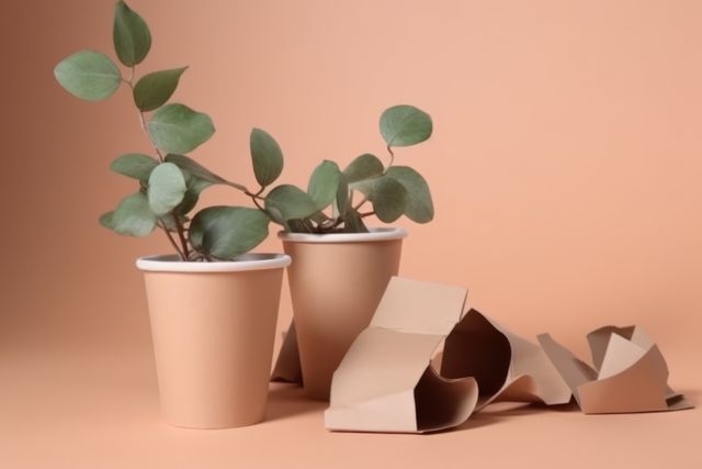 Close up of plants in paper cups on pink background, created using generative ai technology. Recycling, environment and climate change awareness concept digitally generated image.