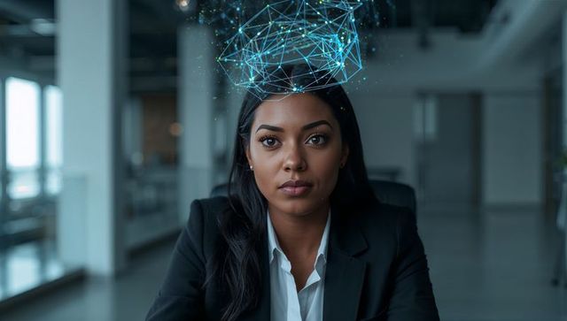 Businesswoman visualizing ai neural network above head in corporate office environment