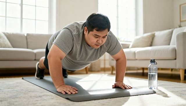 Asian man doing pushups on mat in sunlit living room for home workout and daily fitness