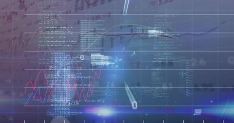 Futuristic Data Analytics Dashboard Showing Stock Line Charts, Code Overlay and Growth Metric