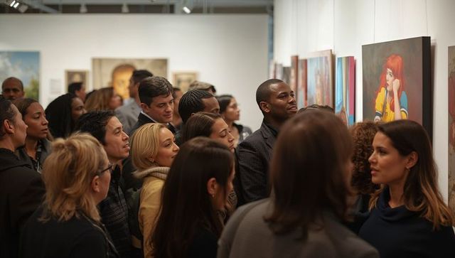 Diverse crowd engaging at an art gallery exhibition