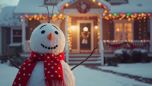 Snowman with Red Polka-Dot Scarf in Festive Winter Wonderland