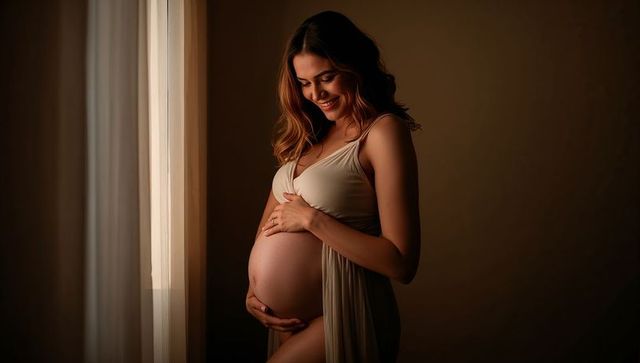 Serene expecting mother cradling bare belly by window in flowing cream maternity gown