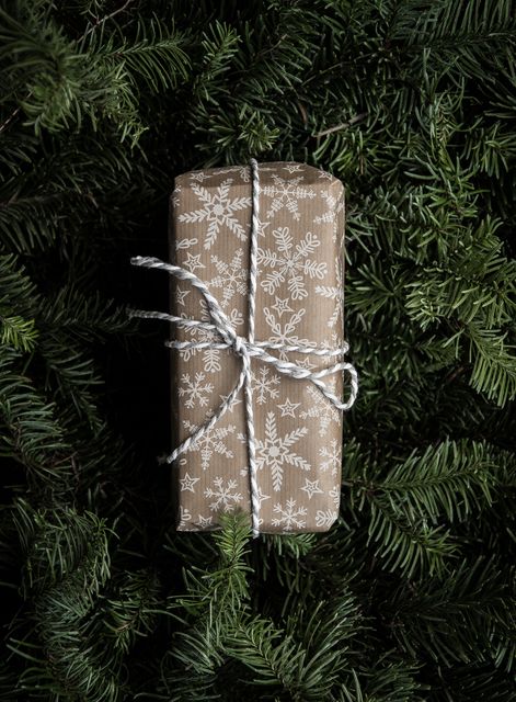 Gift wrapped with snowflake patterned paper tied with twine, surrounded by lush green branches. Ideal for seasonal greeting cards, holiday advertisements, craft ideas, winter festive promotions, and gift wrapping inspiration.