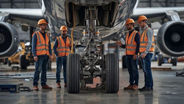 Technicians examining aircraft nose gear in hangar for safety