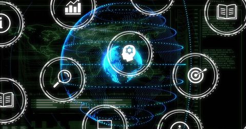 Futuristic Digital Interface with Global Icons and Data Processing - Download Free Stock Images Pikwizard.com