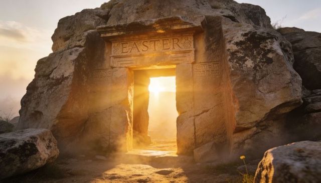 Sunrise rays casting through carved easter tomb doorway in rocky ruins