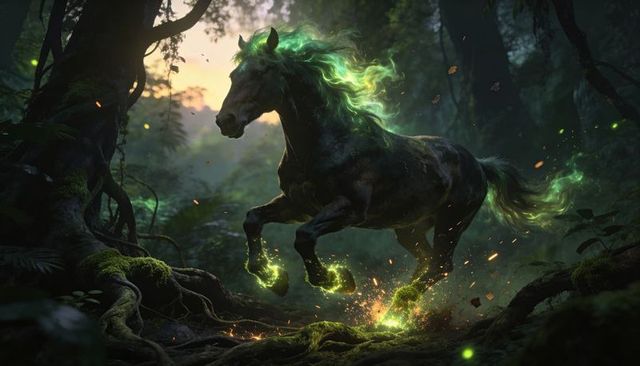 Mystical black horse galloping through bioluminescent forest with glowing green mane