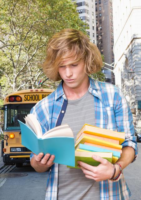 Digital composite image of teenage student reading books on road