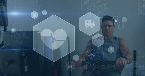 Man Exercising in Gym with Futuristic Health Icons