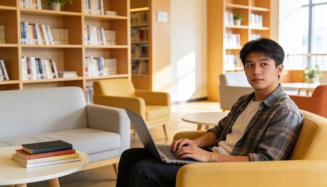 Student working on laptop in bright campus lounge with bookshelves and cozy seating