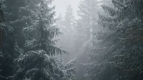Sliding Canopy Passage Revealing Snow-Dusted Spruce Forest Through Misty Morning