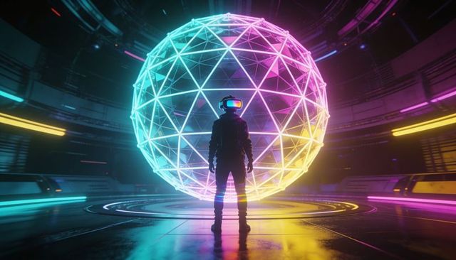 Standing silhouette with vr helmet facing neon geodesic orb in futuristic simulation bay