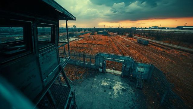 Guard Tower Overlooking Industrial Fenced Area at Sunset