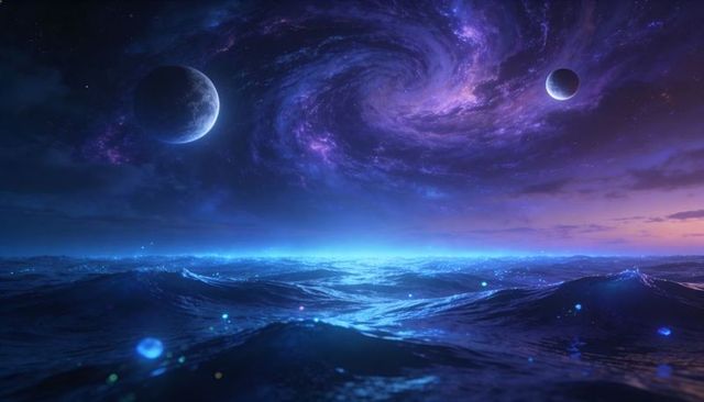 Bioluminescent Ocean Under Spiral Galaxy with Twin Planets Glowing at Indigo Twilight Horizon