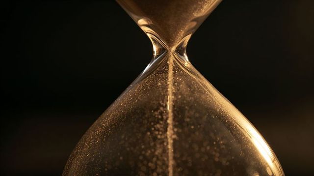 Golden sand pouring through glass hourglass close-up with moody chiaroscuro glow