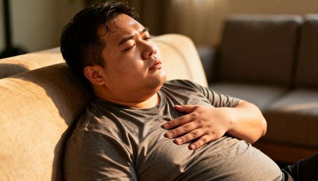 Asian man reclining on sofa resting hand on chest warm sunlight calm home moment