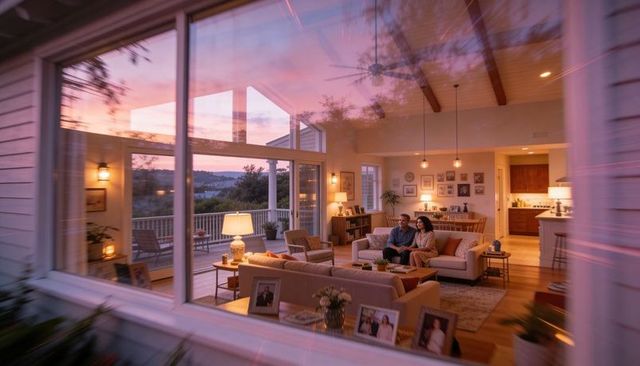 Couple cuddling on sofa at dusk in cozy open-plan living room with warm lighting and sunset view