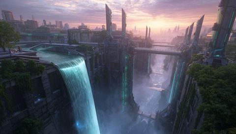 Sunset Futuristic Canyon City with Cascading Waterfall, Skybridges and Two Observers on Terrace