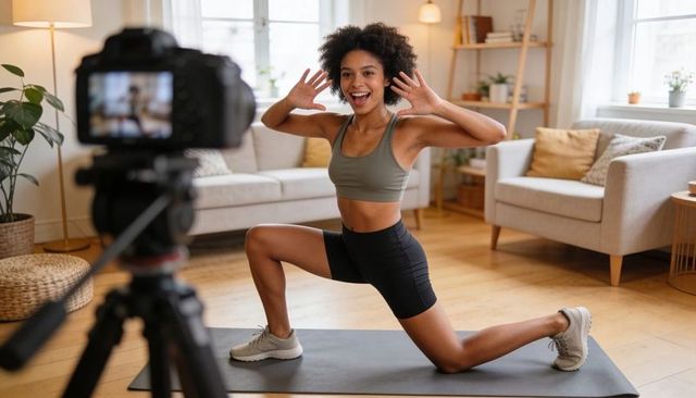 Smiling fitness coach recording home lunge workout on mat for online training