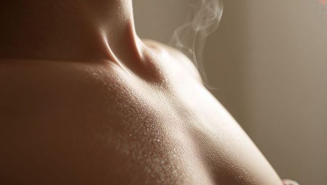 Glistening bare upper torso with rising steam and dew drops closeup for spa skincare