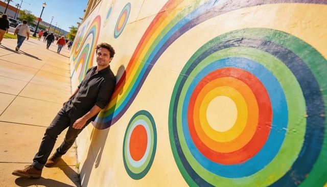Man leaning against vibrant rainbow mural with concentric circles on urban promenade