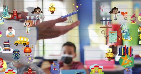 Educational icons overlay on classroom with teacher and masked students