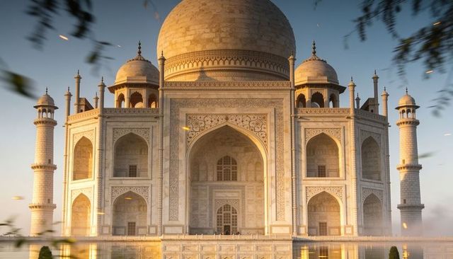 Taj mahal at golden hour with reflecting pool, symmetrical minarets and marble dome