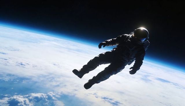 Astronaut floating above earth horizon with gold visor and sunlit curvature