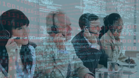 Team in Call Center Office and Digital Code Overlay