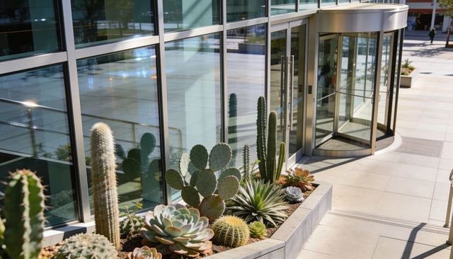 Sunlit urban succulent planter outside modern glass office revolving door entrance xeriscape