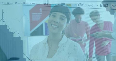 Businesswoman leading team meeting with digital chart overlays