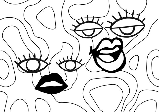 Composition of shapes and faces drawings on white background. Printable coloring pages maker concept digitally generated image.