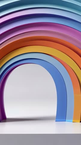 Vertical panning video showing matte multicolor arch sculpture in minimalist studio