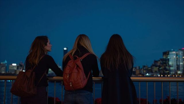 Three women watching city skyline at dusk on waterfront railing with backpacks and coats