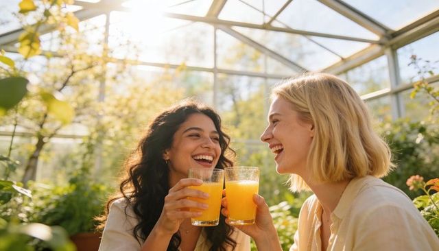 Sunlit greenhouse friends laughing and toasting fresh orange juice amid lush plants