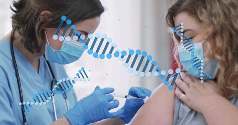 Nurse administering vaccine to patient with dna helix overlay representing mrna immunization