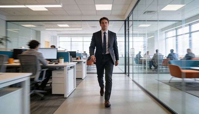 Confident executive walking through modern open-plan glass office corridor business leader
