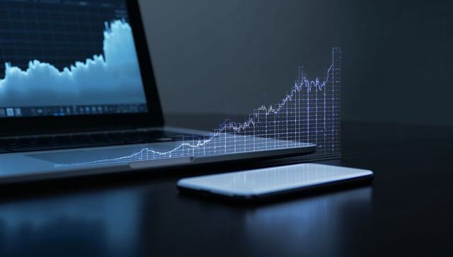 Projecting ar stock chart over laptop and smartphone on glossy dark desk