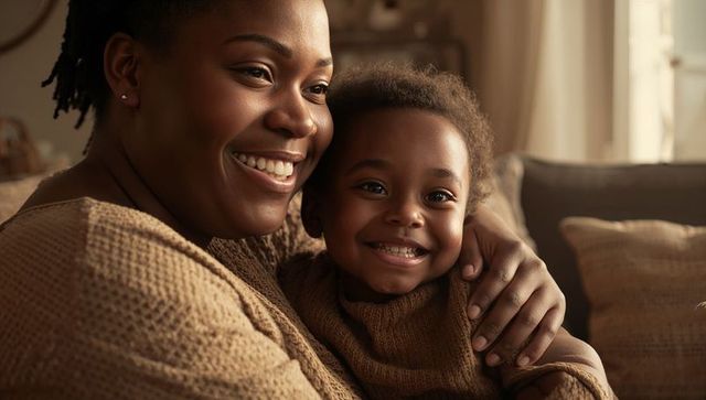 Smiling mother holding daughter on sofa in cozy living room wearing brown knit sweaters