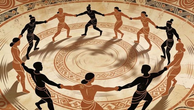 Dancing ring of figures on distressed ceramic panel with spiral medallion, geometric bands