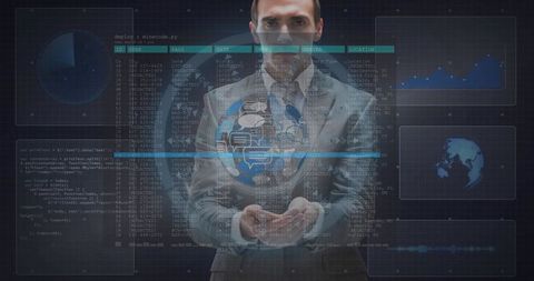 Businessman with Global Data Interface, Digital Transformation Concept - Download Free Stock Images Pikwizard.com