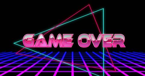 Retro game over text with neon lines and grid design