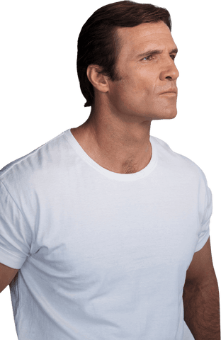 Transparent Mature Man in White T-shirt Looking Away Thoughtfully - Download Free Stock Videos Pikwizard.com