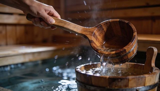 Adult hand pouring hot water with wooden ladle into rustic sauna bucket, steam rising