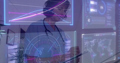 Clinician reviewing digital patient data on holographic ar dashboards with stethoscope