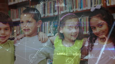 Children in Library with Futuristic Graph Overlay