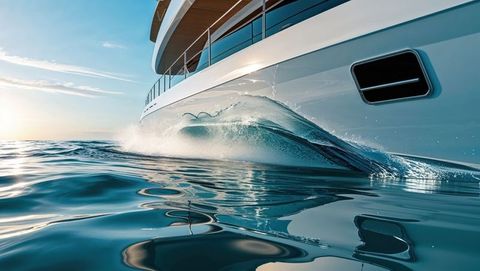 Luxury yacht cutting through waves at sea, streamline design