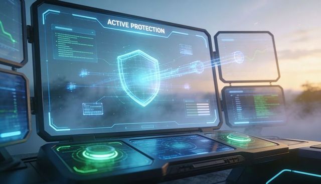 Futuristic cyber defense console projecting active protection shield holographic interface